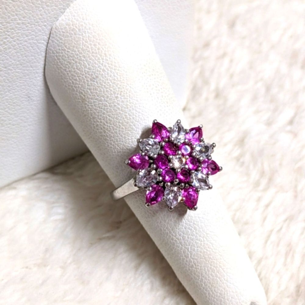 Vintage Pink & White Cubic Zirconia Ring Rhodium Plated - Picture 6 of 13